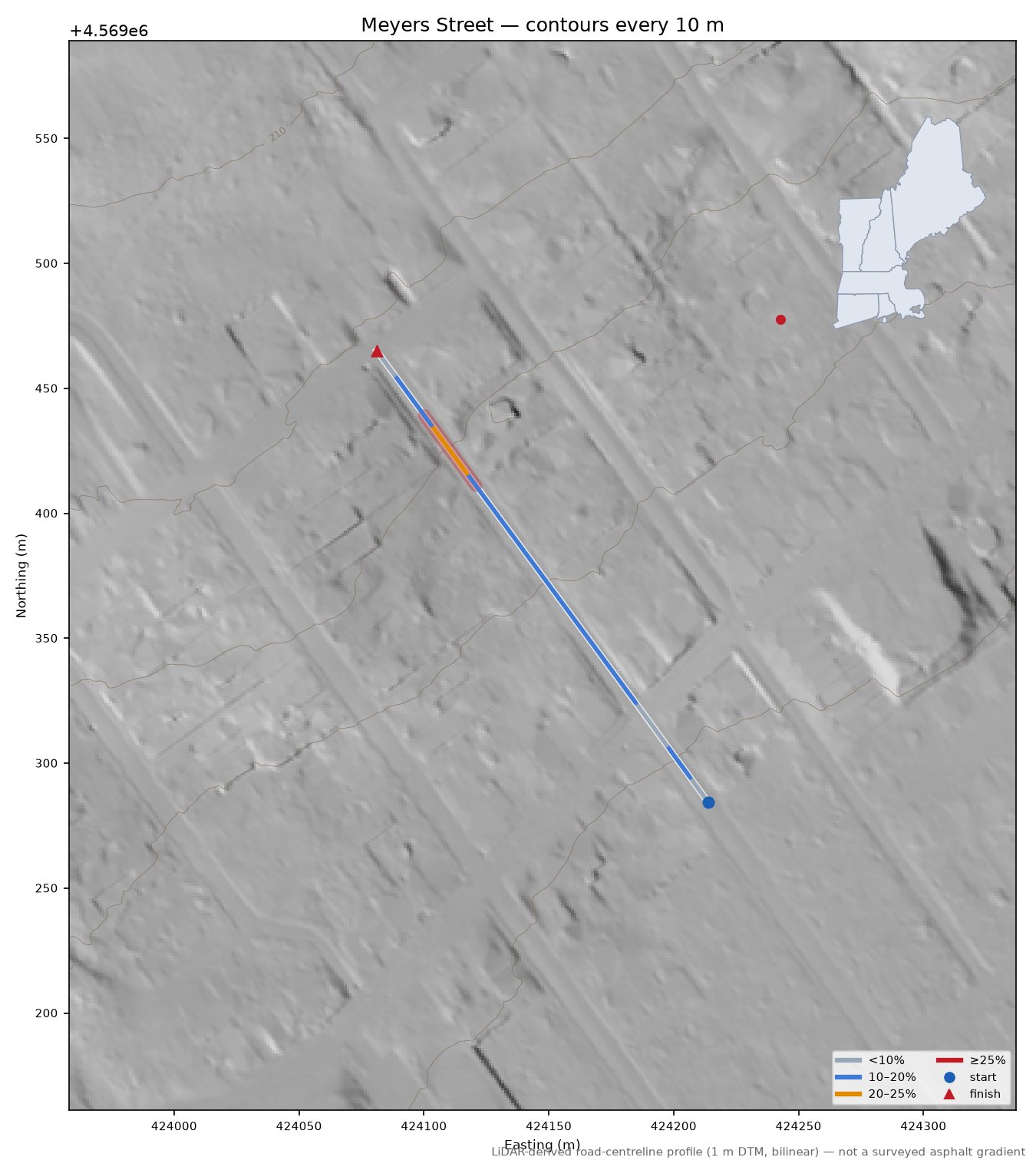 Meyers Street LiDAR hillshade map with contours