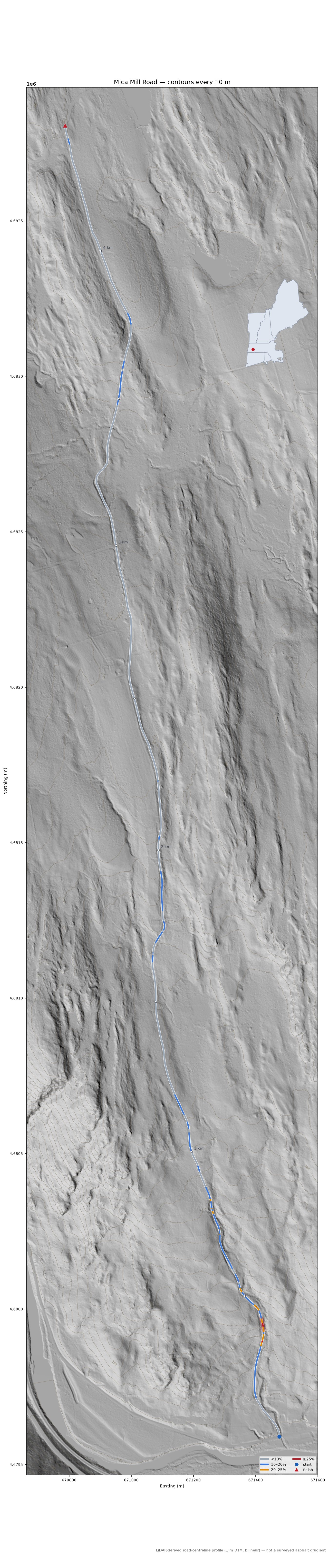 Mica Mill Road LiDAR hillshade map with contours