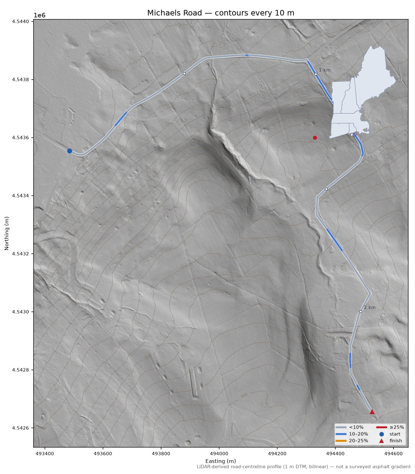 Michaels Road LiDAR hillshade map with contours