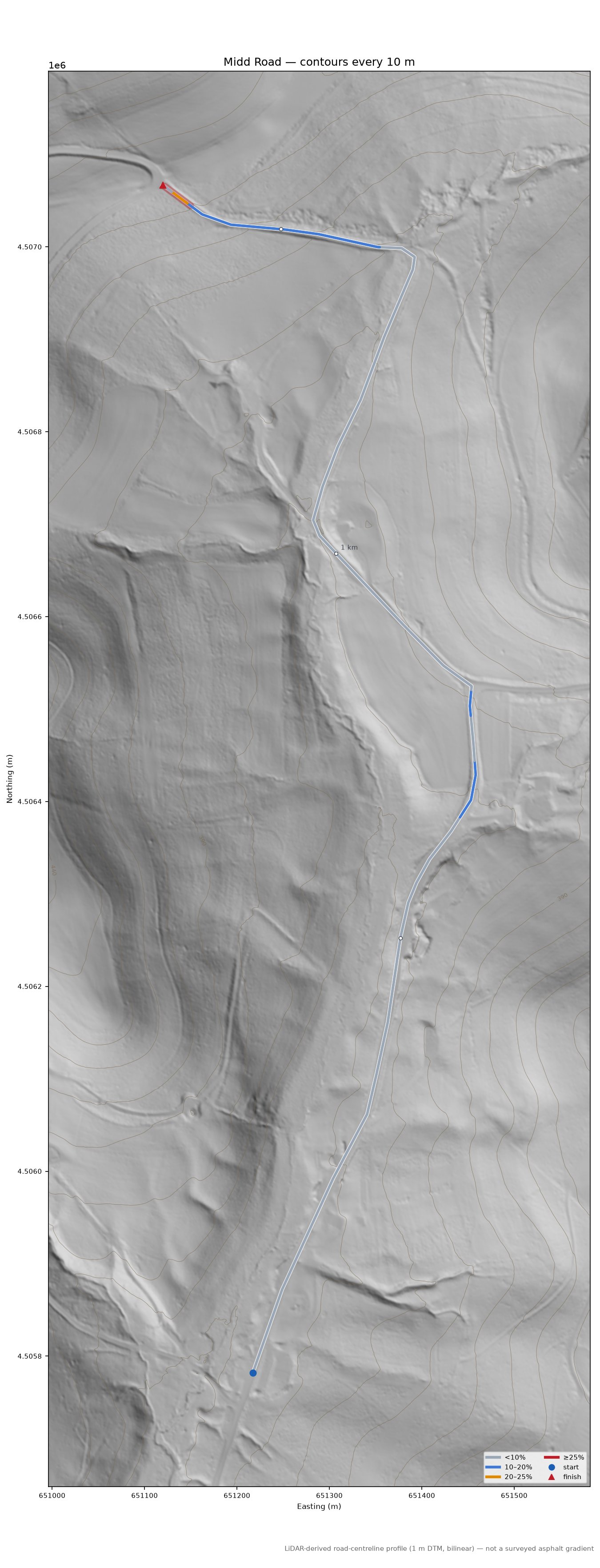 Midd Road LiDAR hillshade map with contours