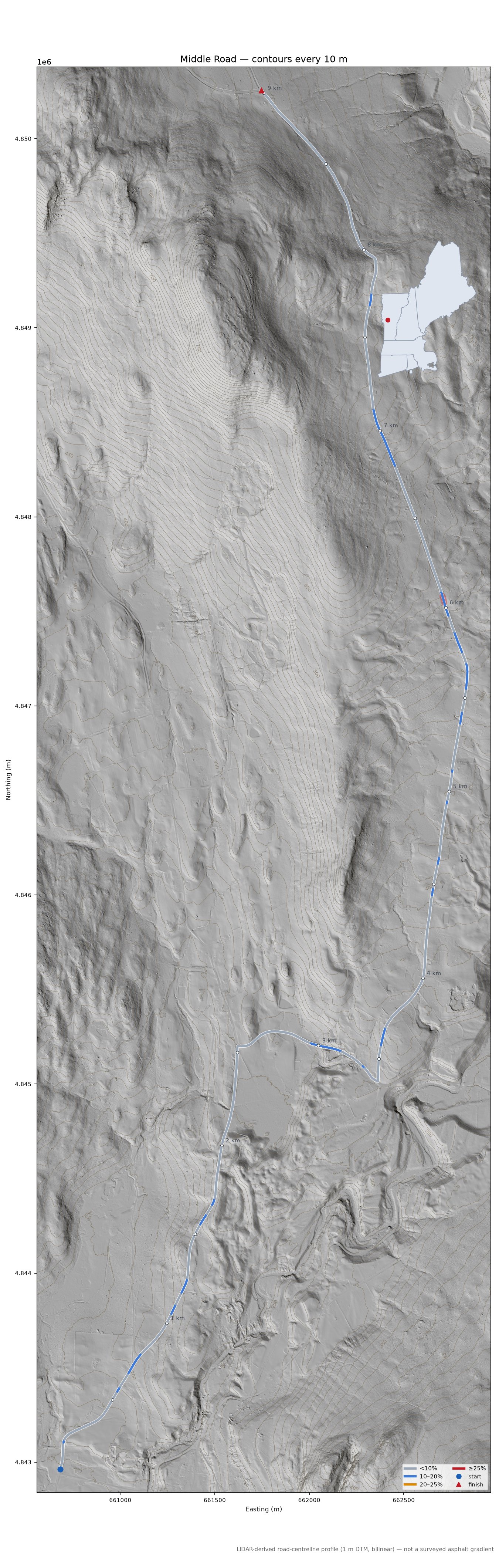 Middle Road LiDAR hillshade map with contours