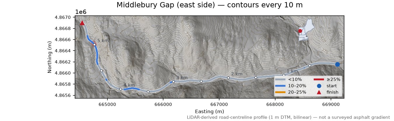 Middlebury Gap (east side) LiDAR hillshade map with contours