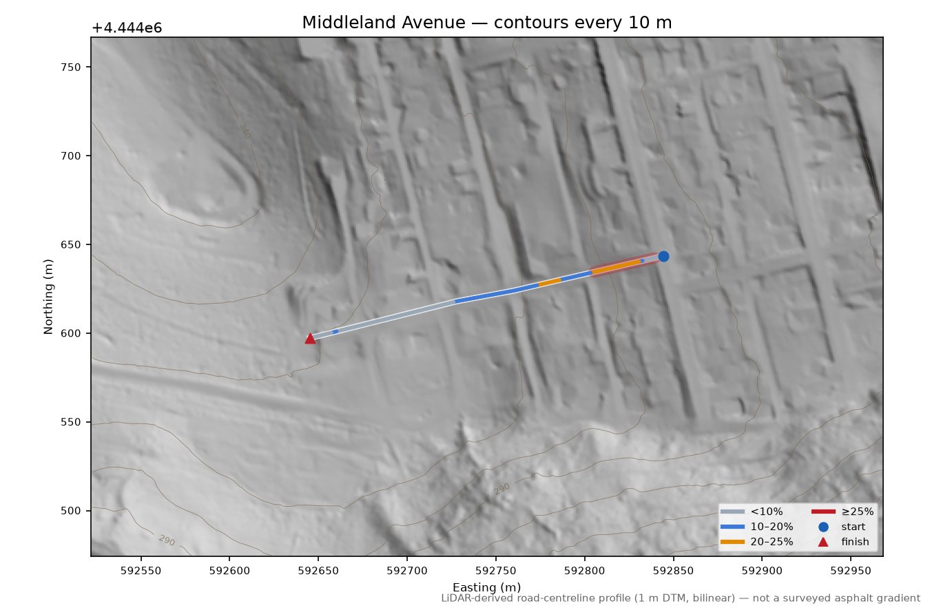 Middleland Avenue LiDAR hillshade map with contours