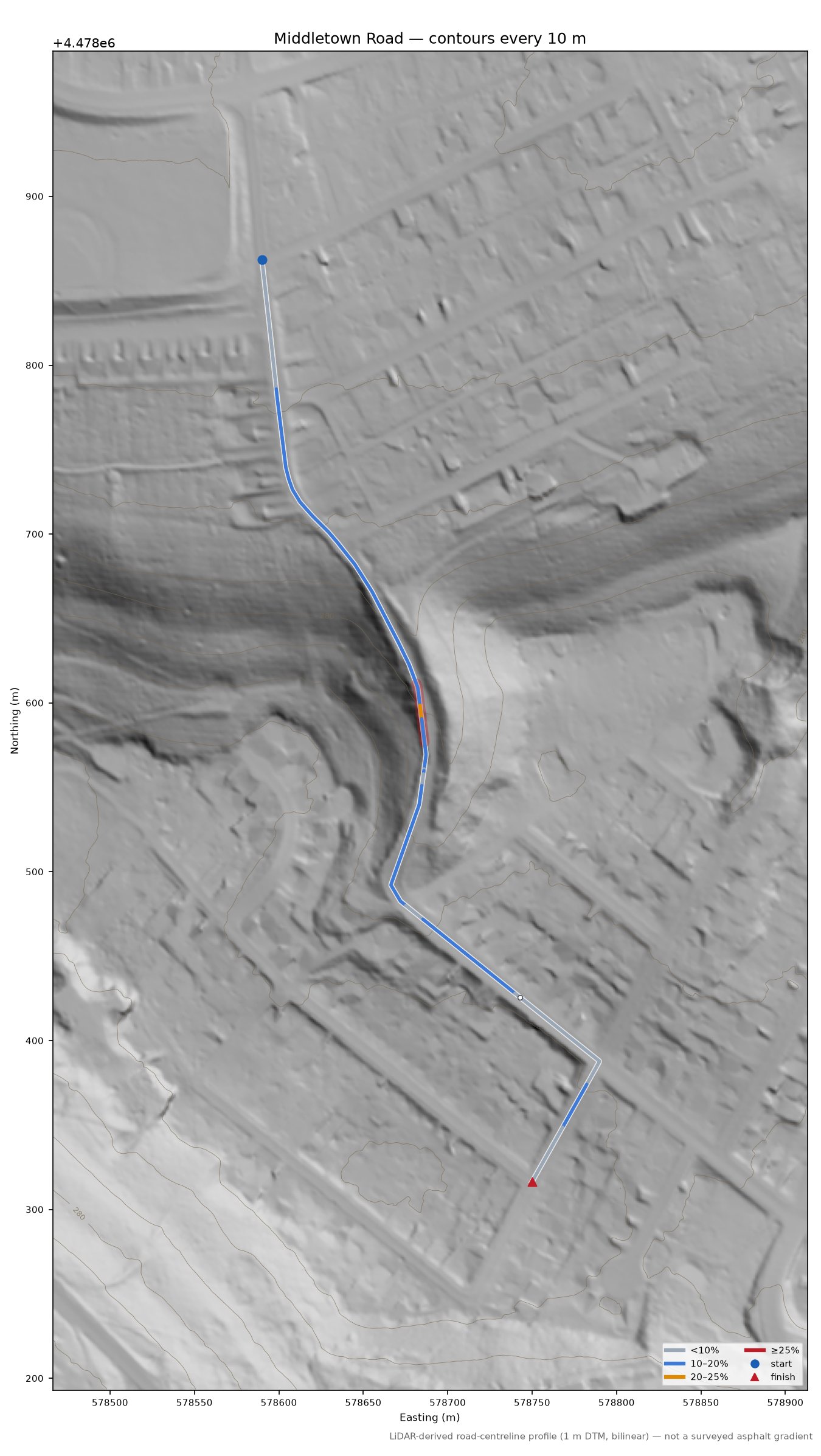 Middletown Road LiDAR hillshade map with contours