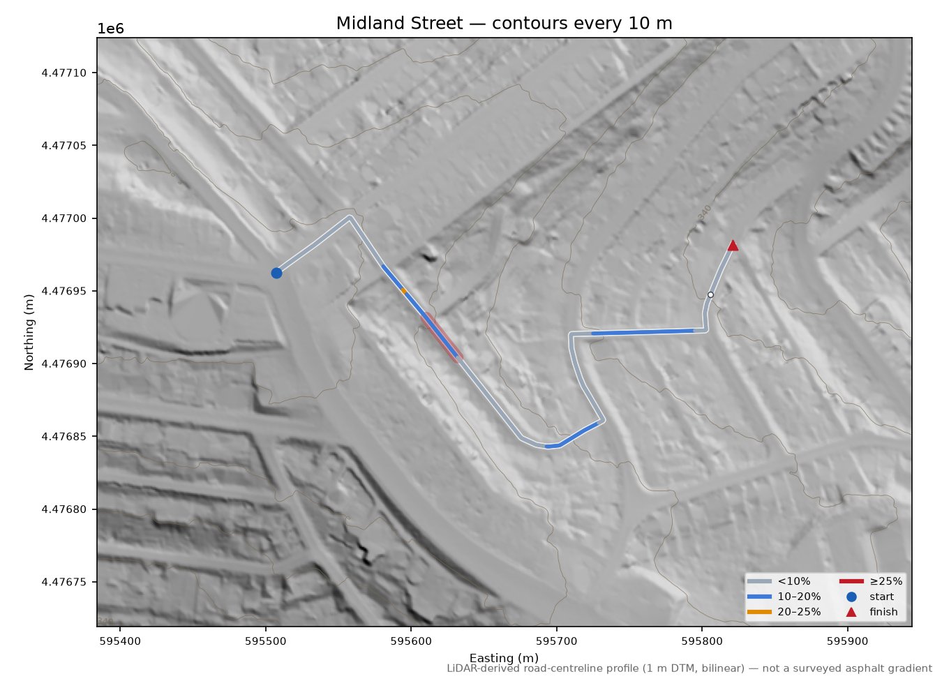 Midland Street LiDAR hillshade map with contours