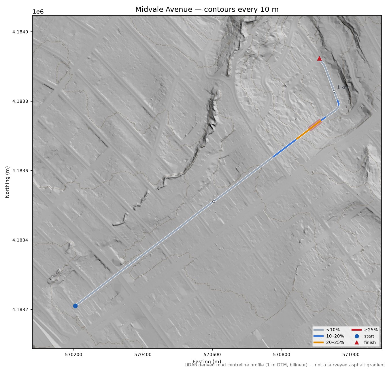 Midvale Avenue LiDAR hillshade map with contours