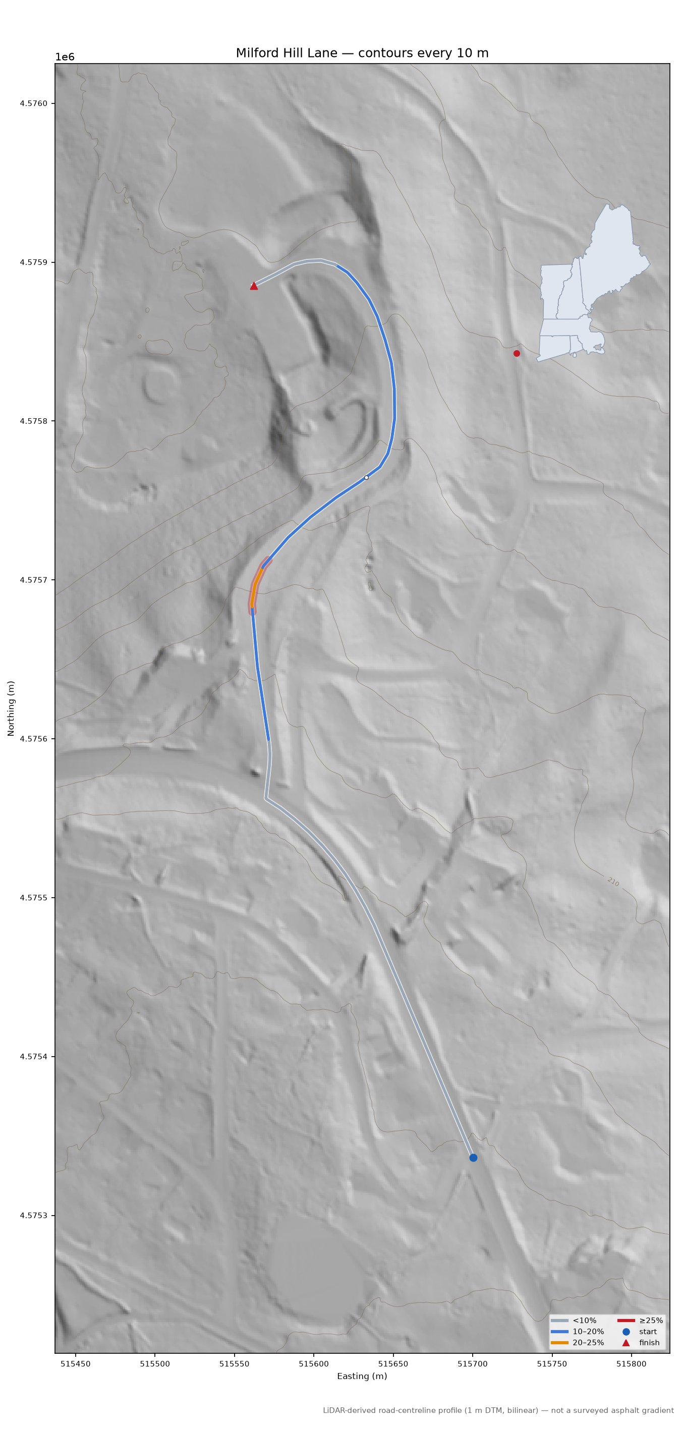 Milford Hill Lane LiDAR hillshade map with contours