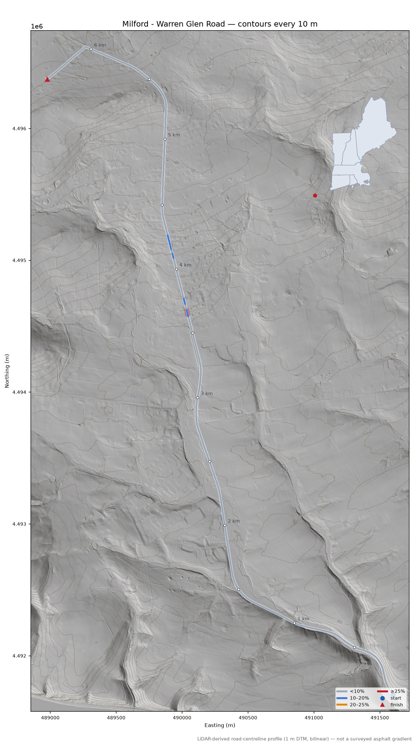 Milford - Warren Glen Road LiDAR hillshade map with contours