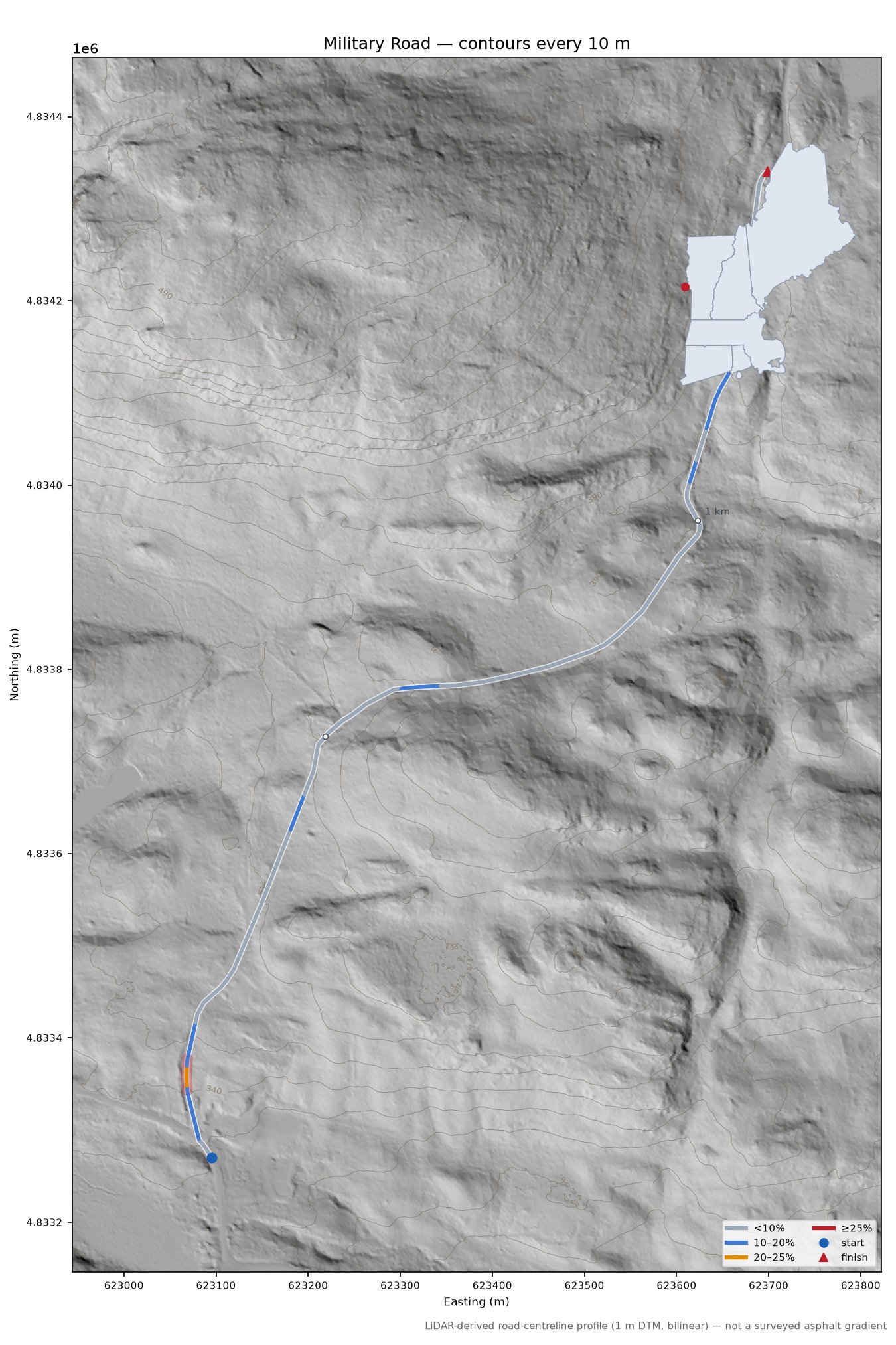 Military Road LiDAR hillshade map with contours