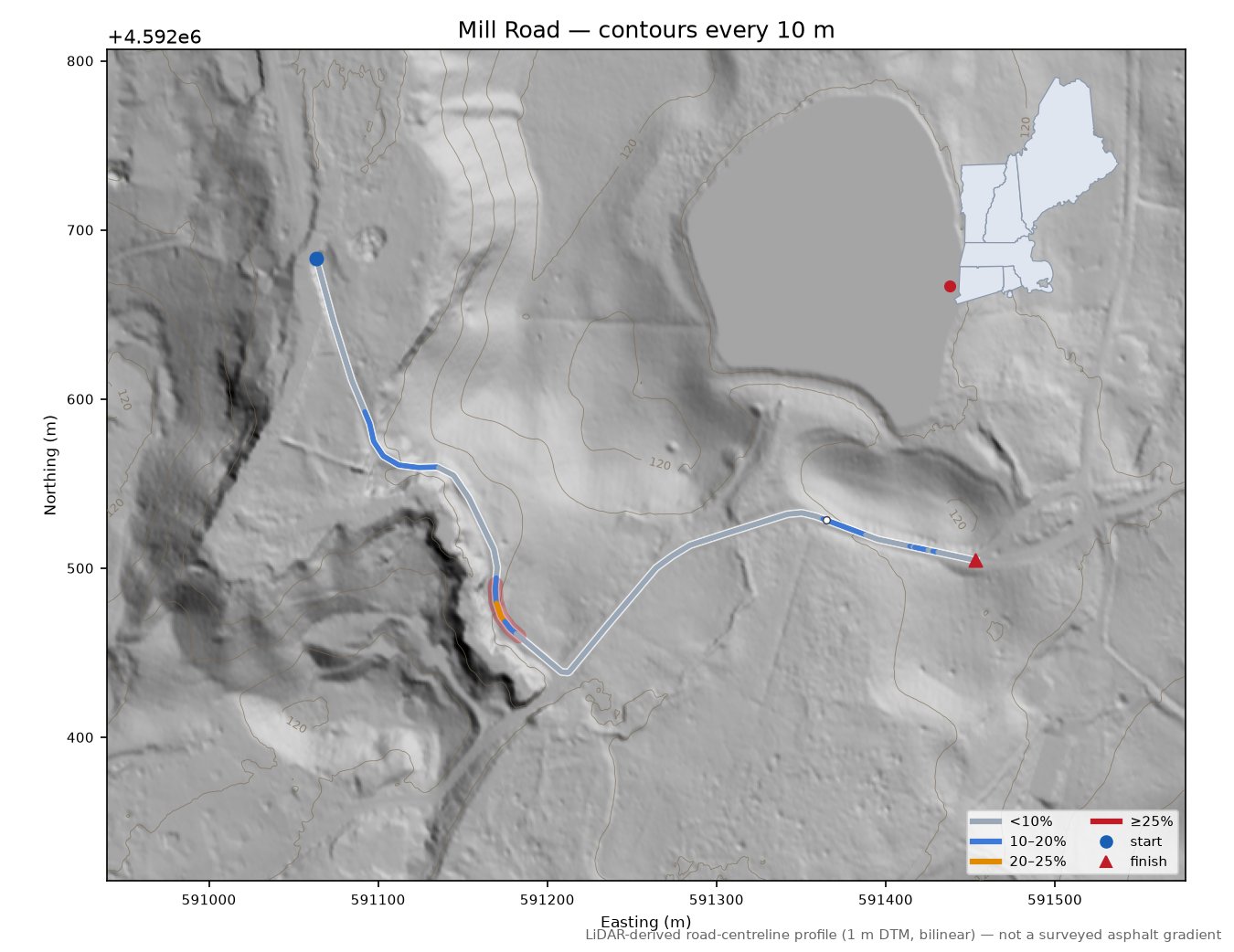 Mill Road LiDAR hillshade map with contours