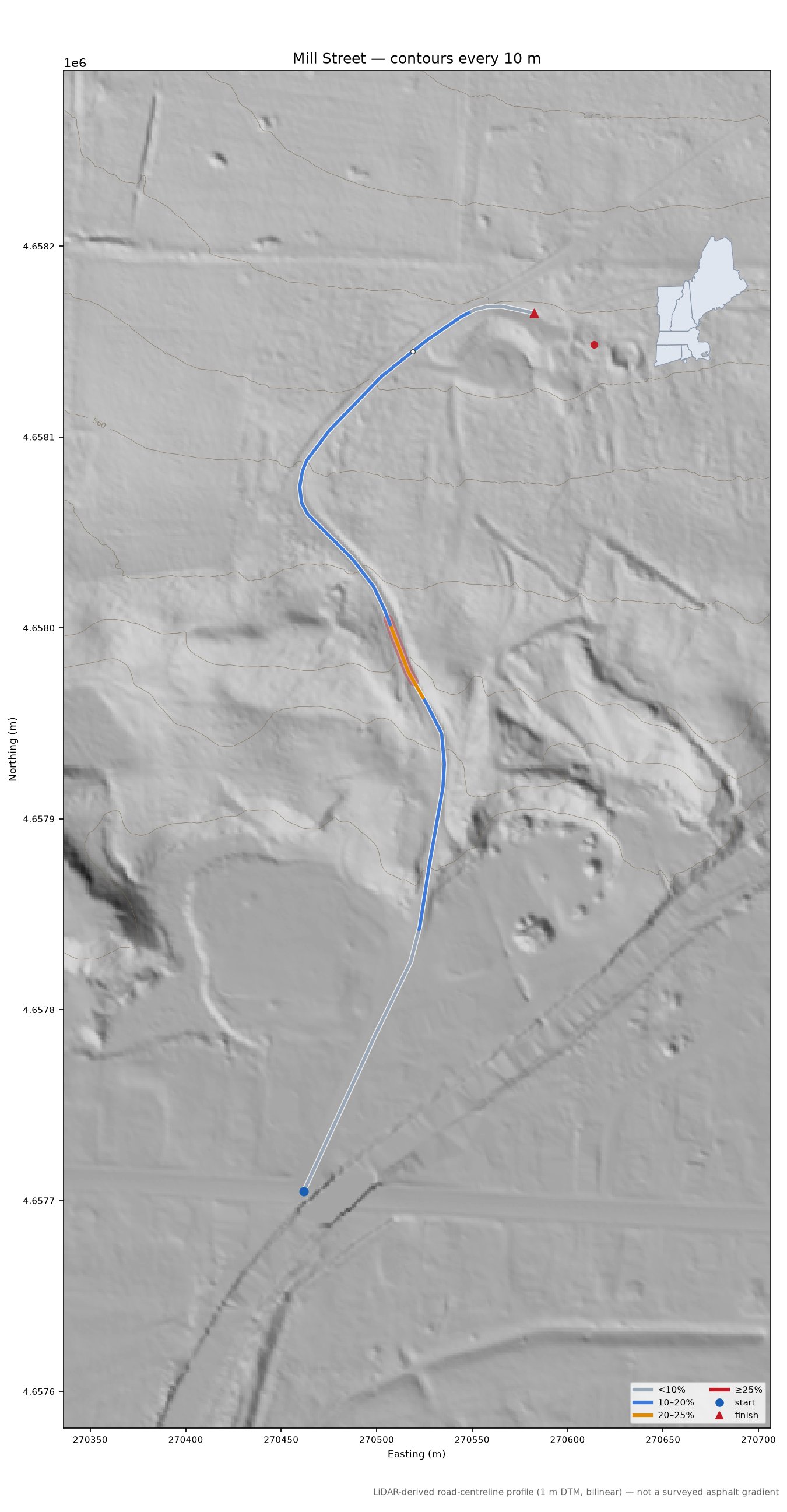 Mill Street LiDAR hillshade map with contours