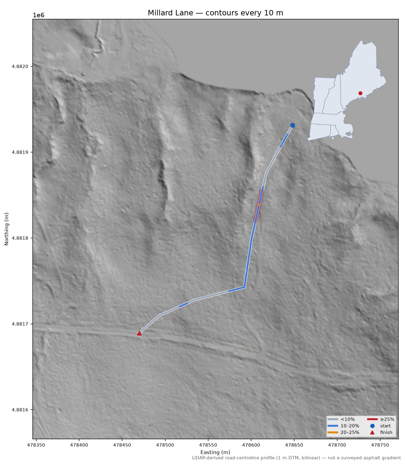 Millard Lane LiDAR hillshade map with contours