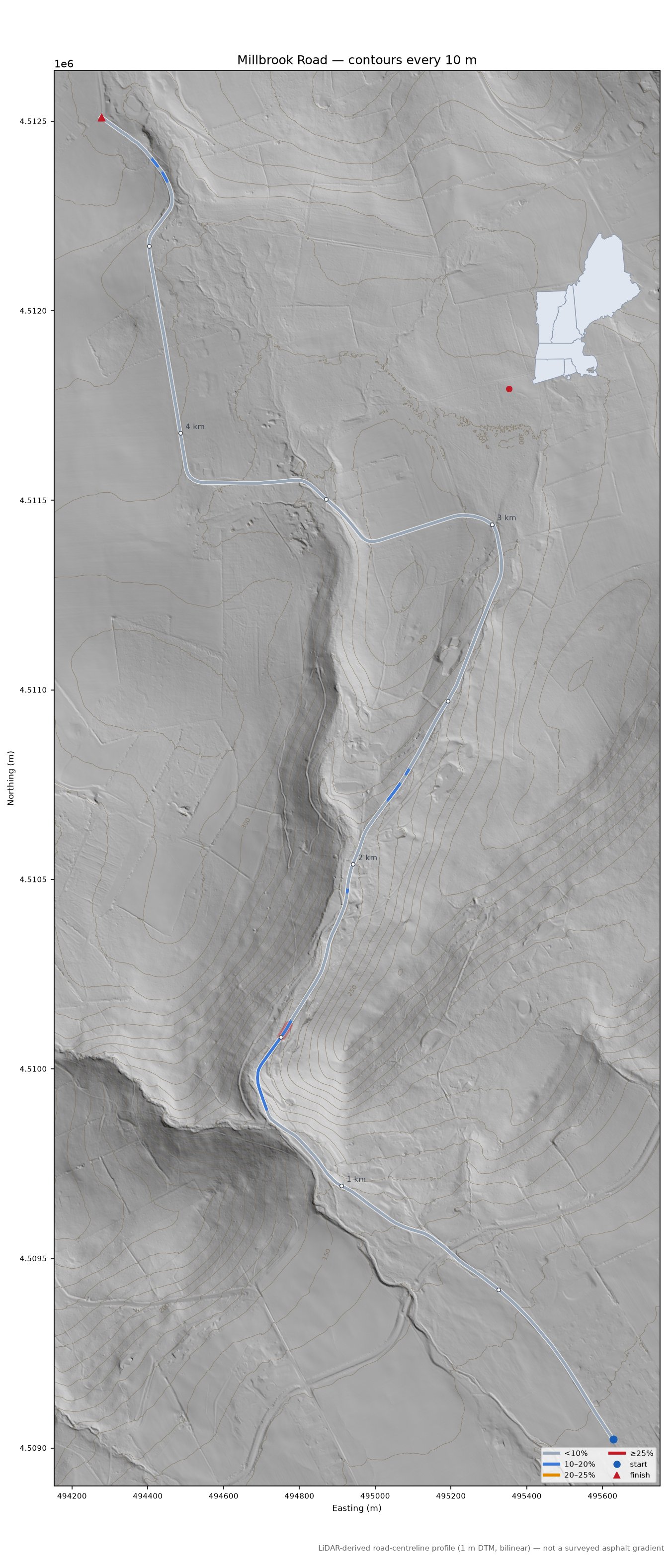 Millbrook Road LiDAR hillshade map with contours