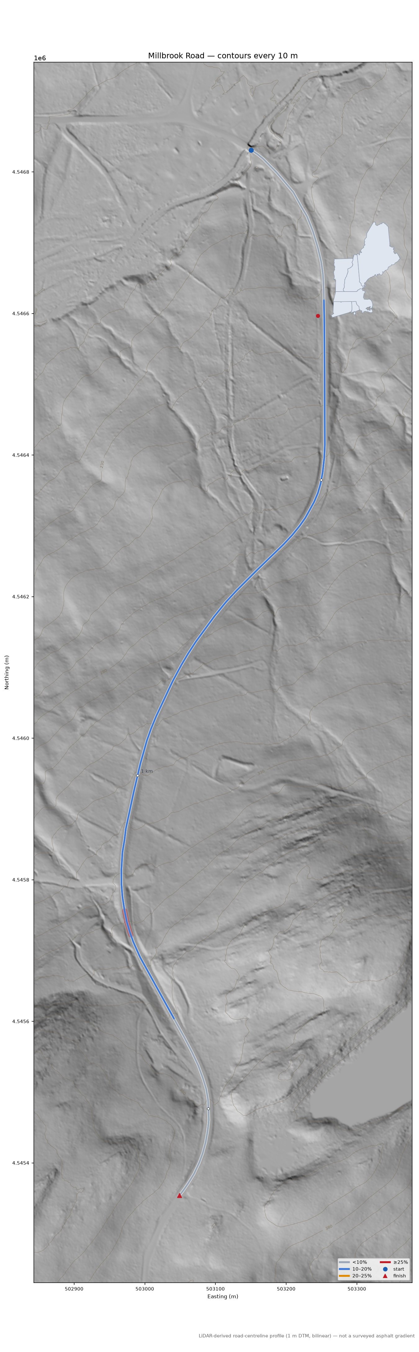 Millbrook Road LiDAR hillshade map with contours