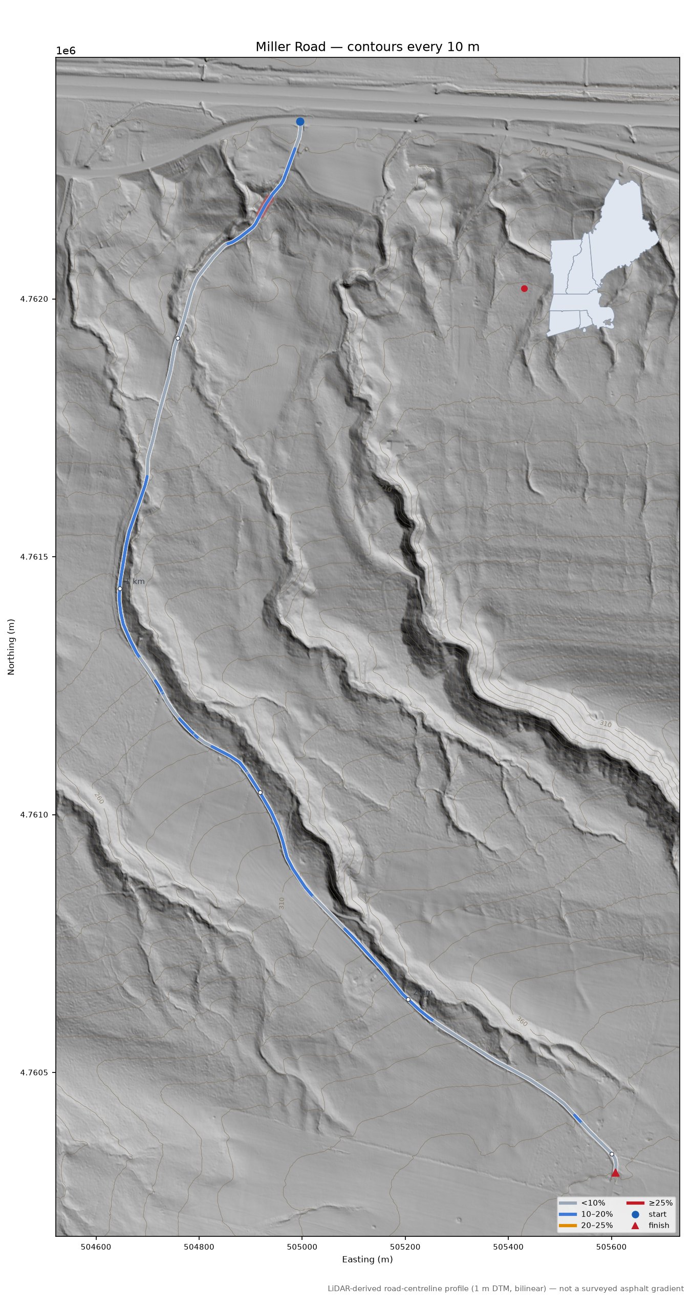 Miller Road LiDAR hillshade map with contours