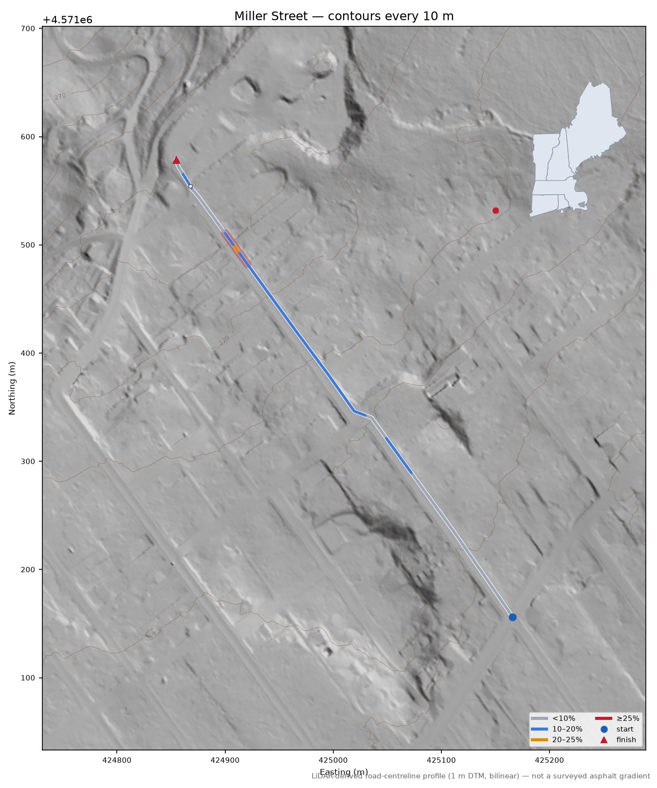 Miller Street LiDAR hillshade map with contours