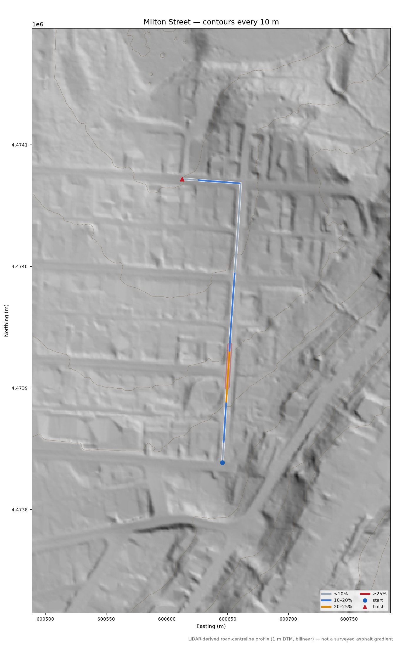 Milton Street LiDAR hillshade map with contours