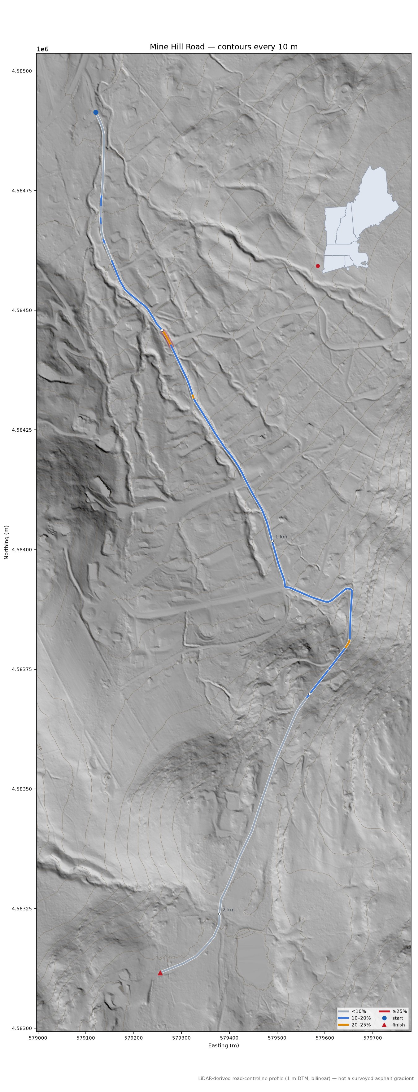 Mine Hill Road LiDAR hillshade map with contours