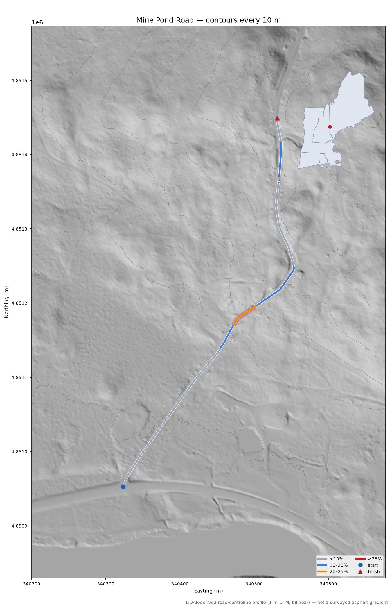 Mine Pond Road LiDAR hillshade map with contours
