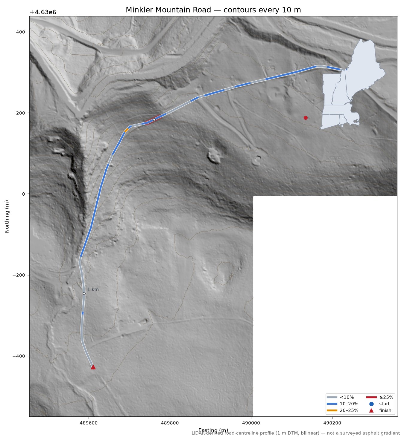 Minkler Mountain Road LiDAR hillshade map with contours