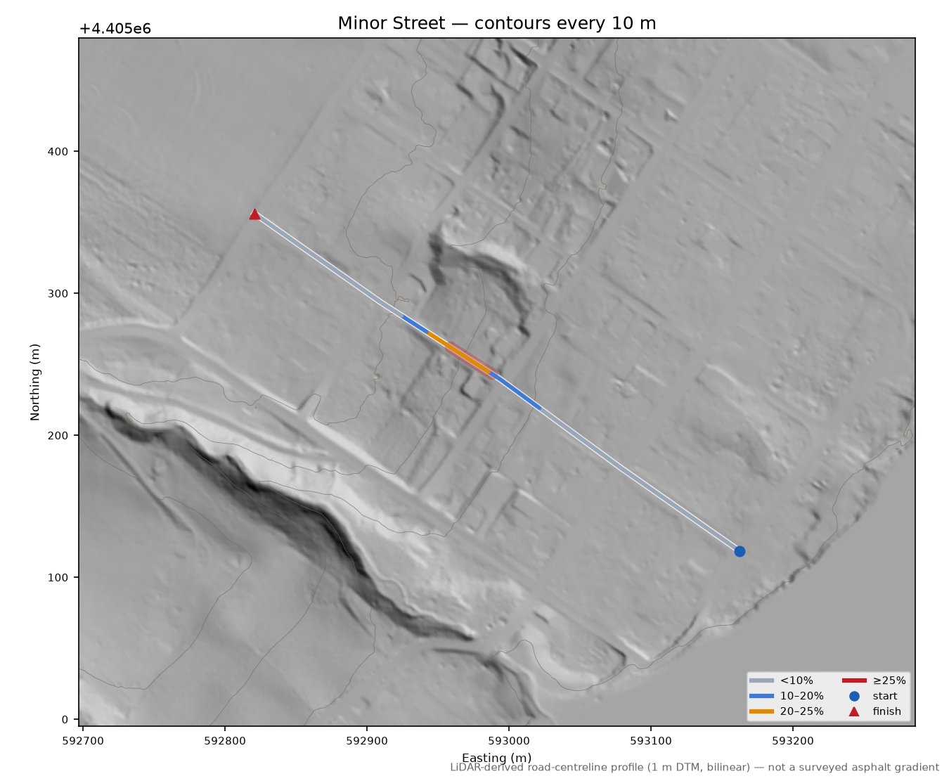 Minor Street LiDAR hillshade map with contours