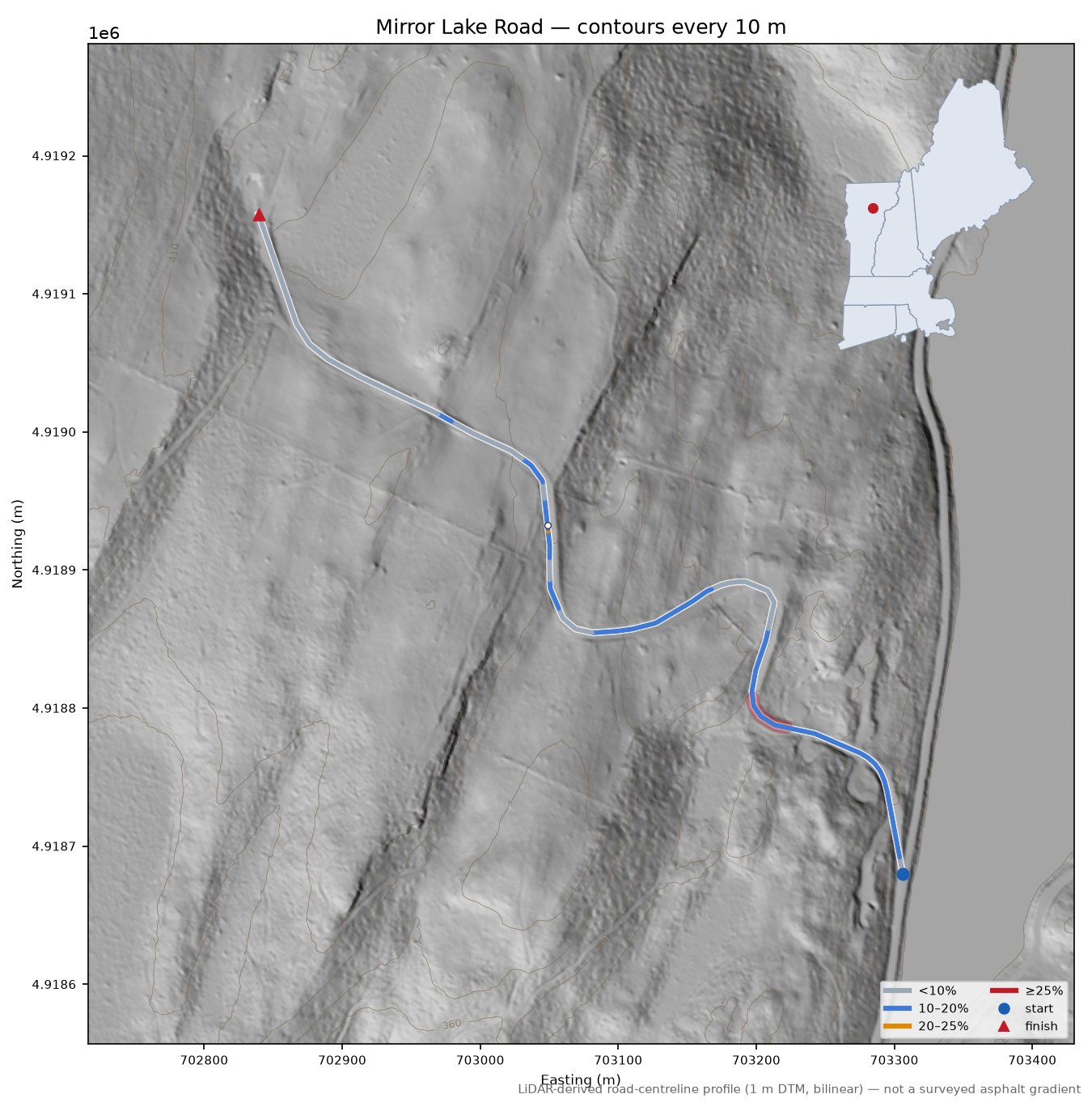 Mirror Lake Road LiDAR hillshade map with contours