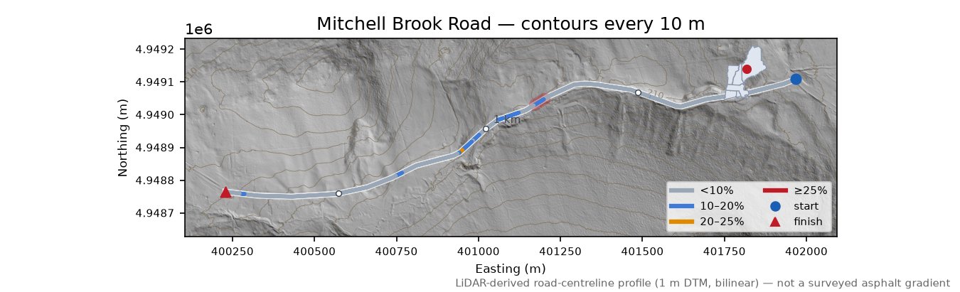 Mitchell Brook Road LiDAR hillshade map with contours
