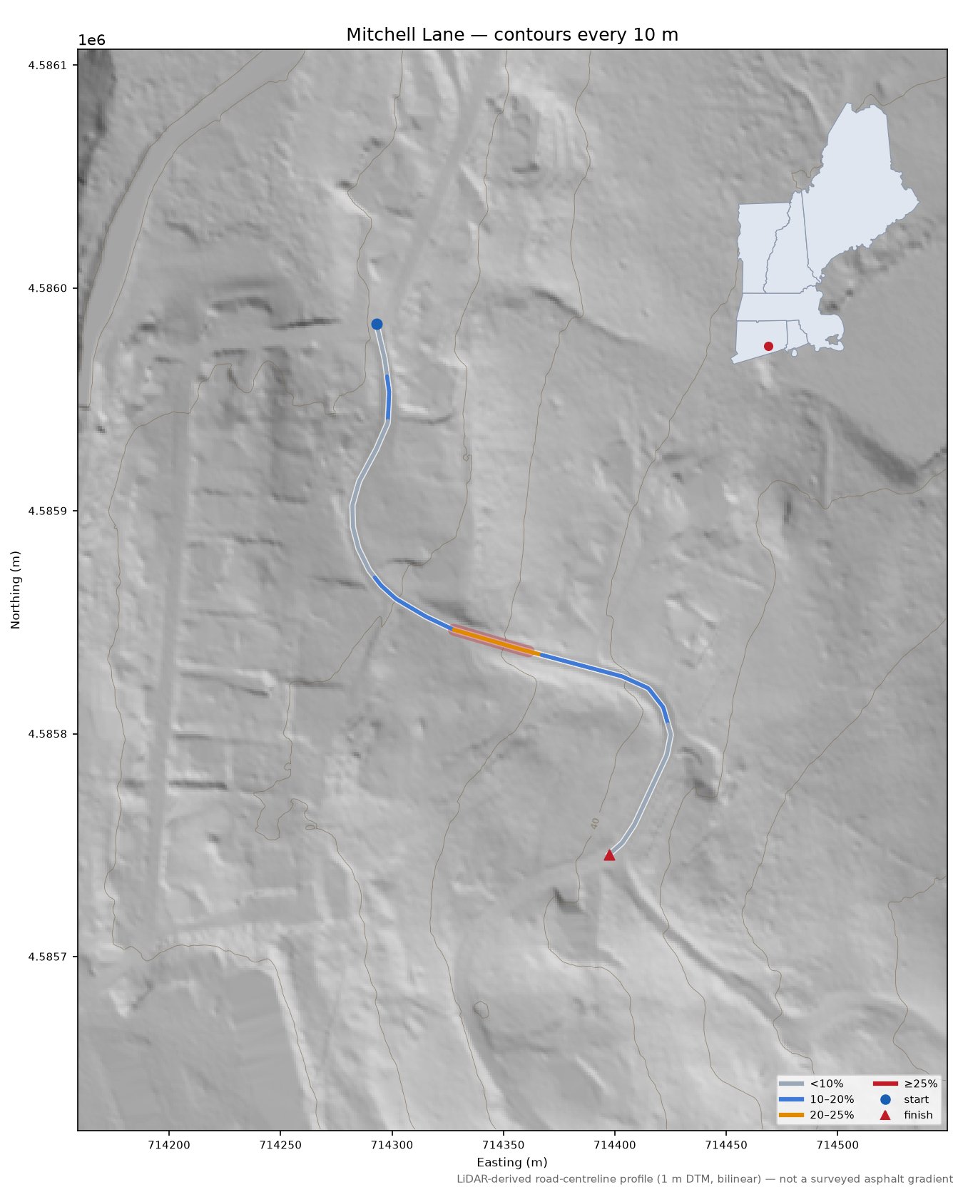 Mitchell Lane LiDAR hillshade map with contours