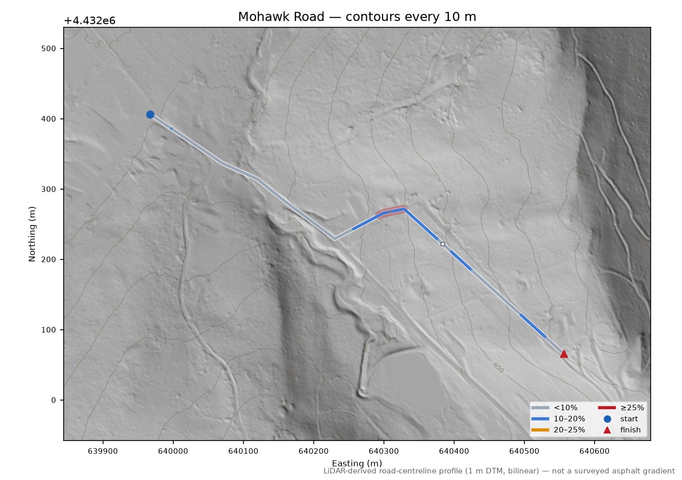 Mohawk Road LiDAR hillshade map with contours