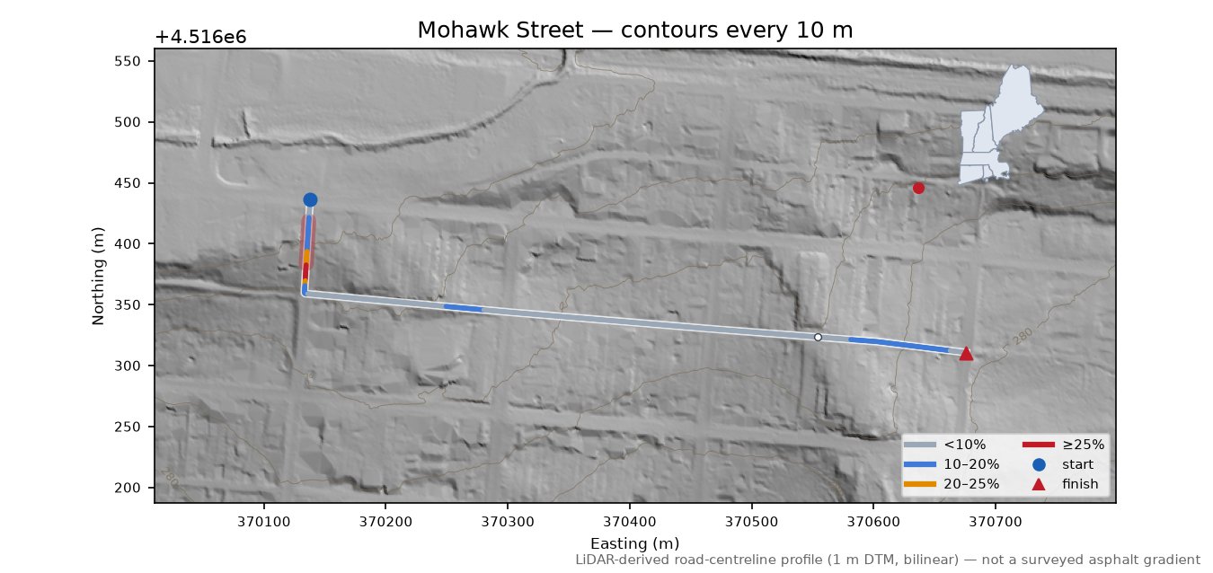 Mohawk Street LiDAR hillshade map with contours