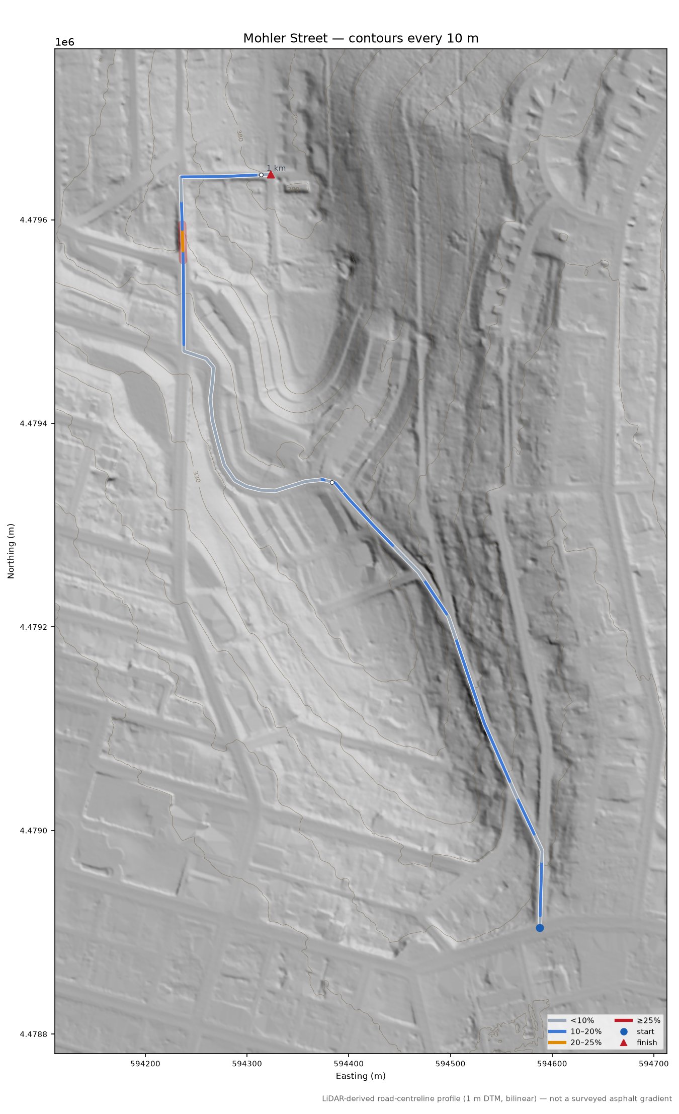 Mohler Street LiDAR hillshade map with contours