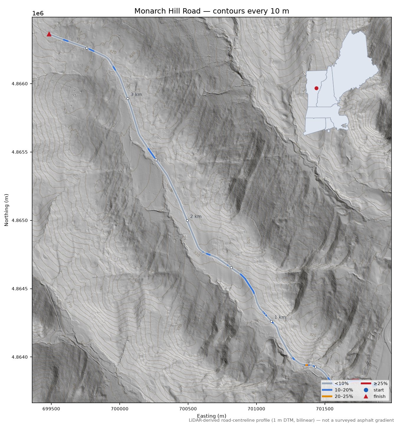 Monarch Hill Road LiDAR hillshade map with contours