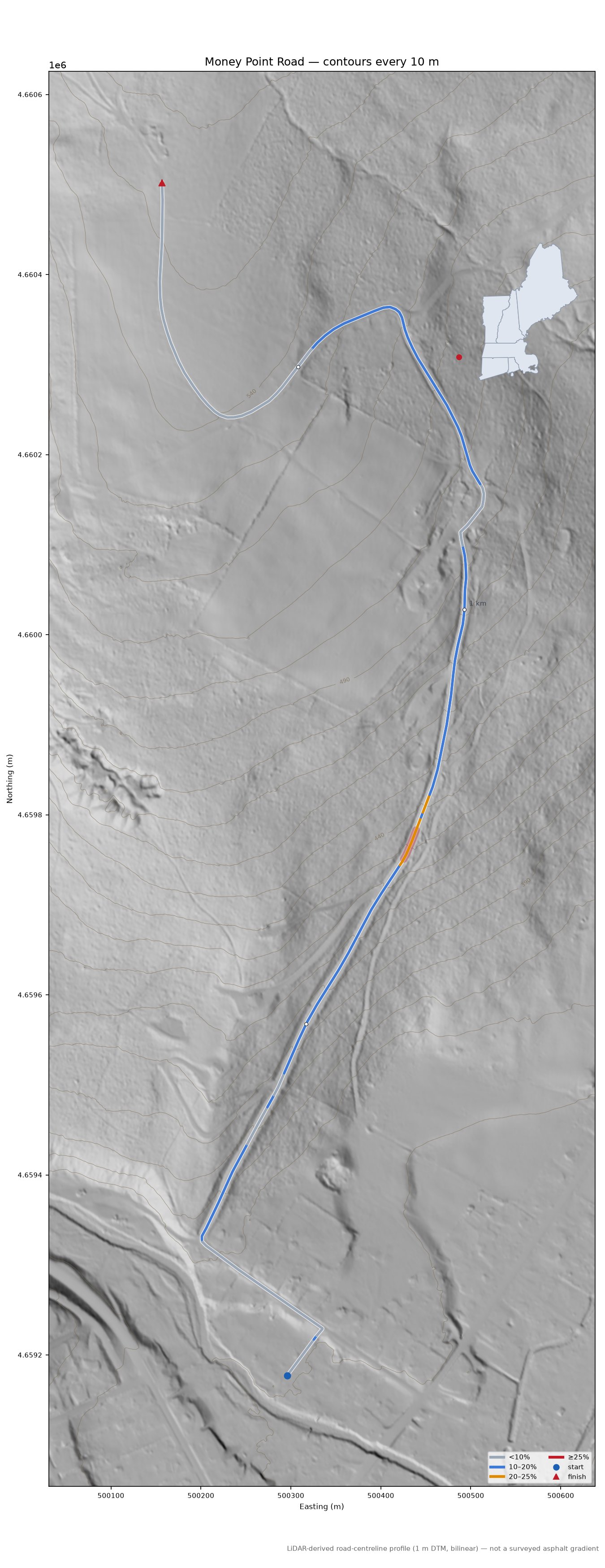 Money Point Road LiDAR hillshade map with contours