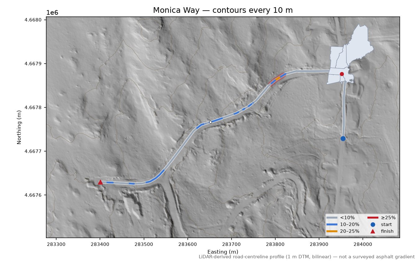 Monica Way LiDAR hillshade map with contours