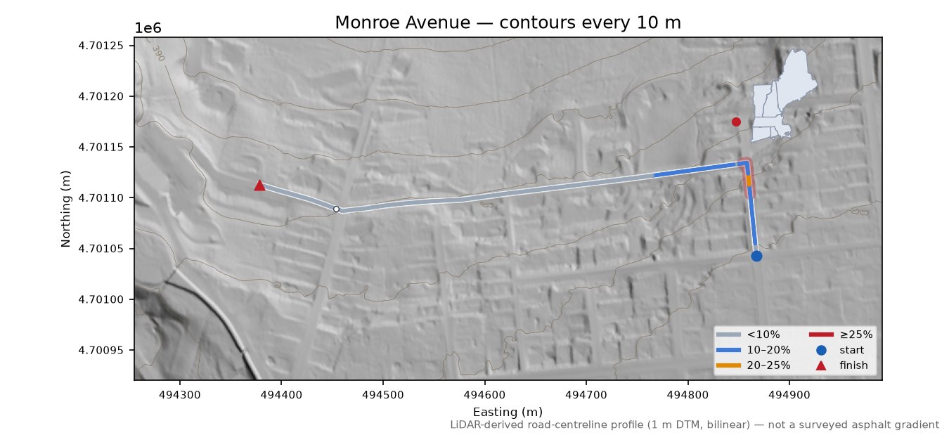 Monroe Avenue LiDAR hillshade map with contours
