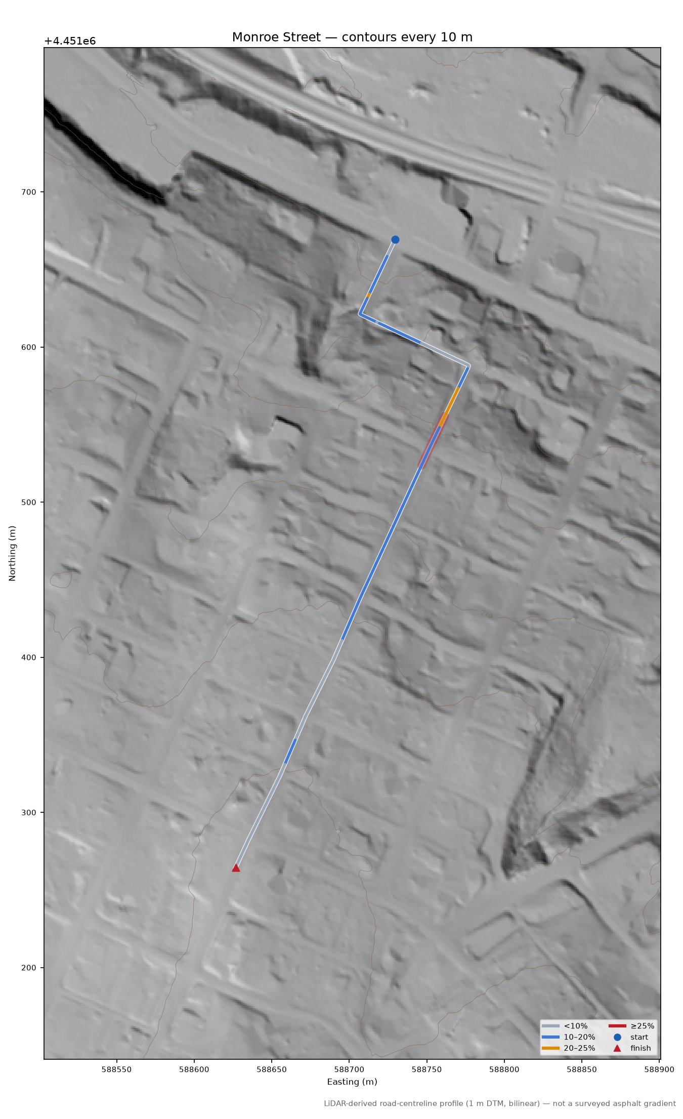 Monroe Street LiDAR hillshade map with contours