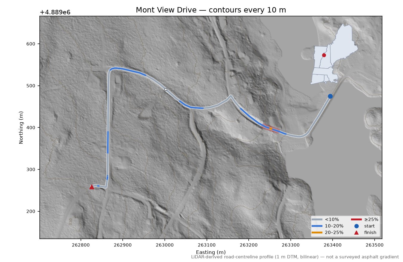 Mont View Drive LiDAR hillshade map with contours