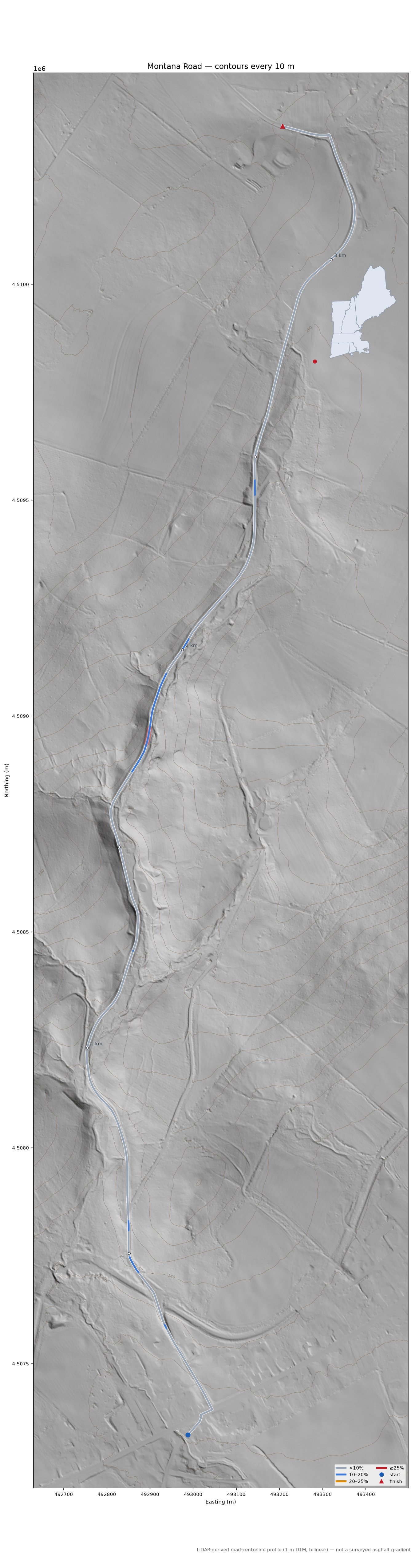 Montana Road LiDAR hillshade map with contours