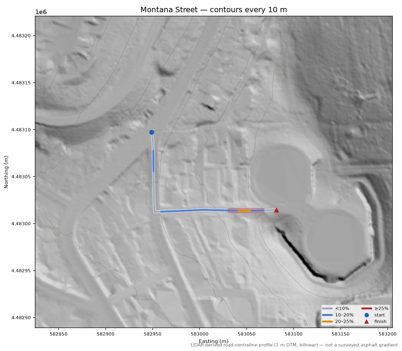 Montana Street LiDAR hillshade map with contours
