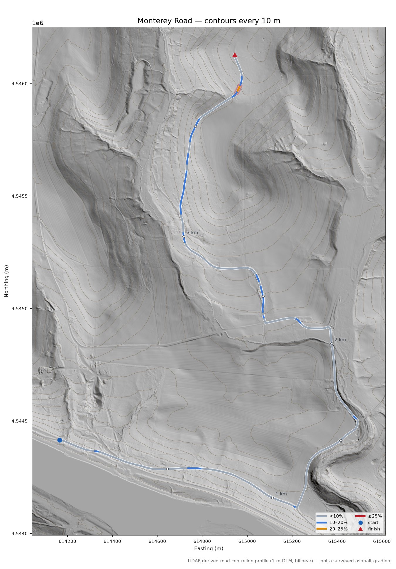 Monterey Road LiDAR hillshade map with contours