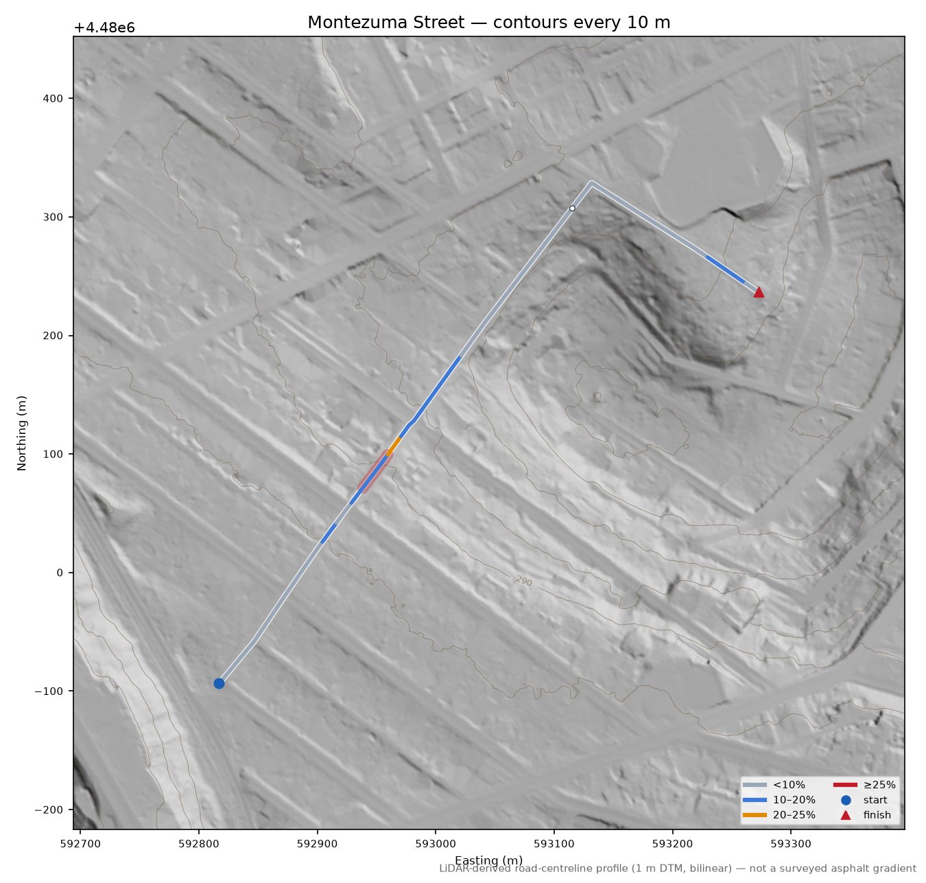 Montezuma Street LiDAR hillshade map with contours