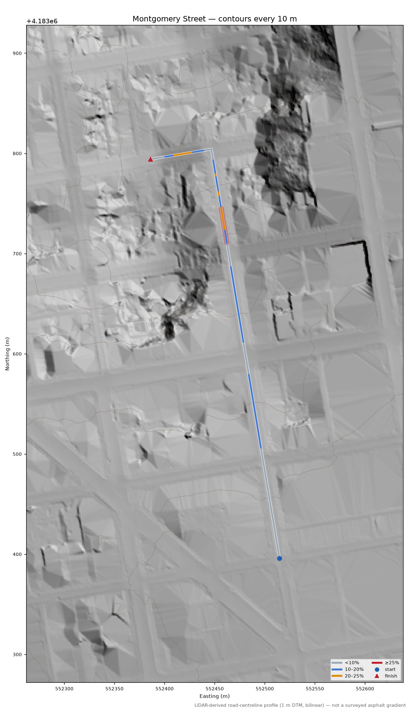 Montgomery Street LiDAR hillshade map with contours