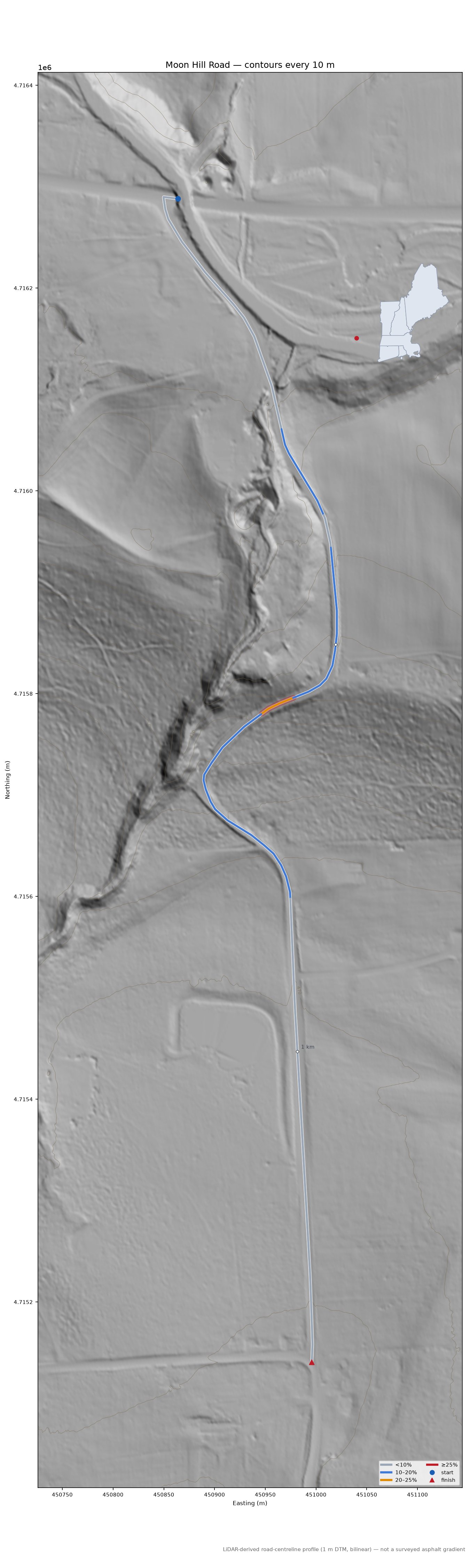 Moon Hill Road LiDAR hillshade map with contours
