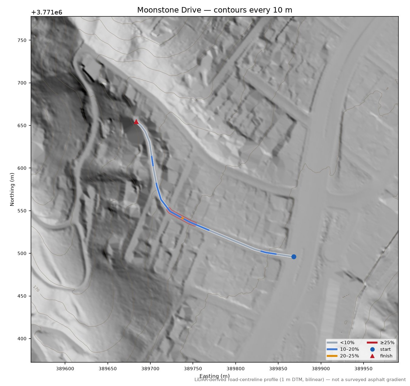 Moonstone Drive LiDAR hillshade map with contours