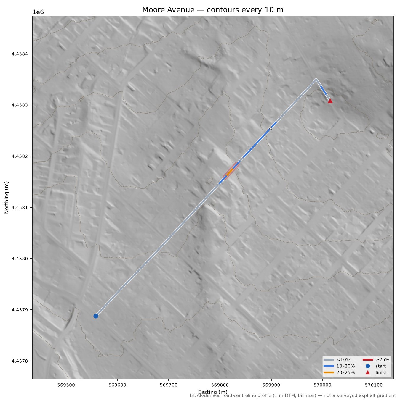 Moore Avenue LiDAR hillshade map with contours