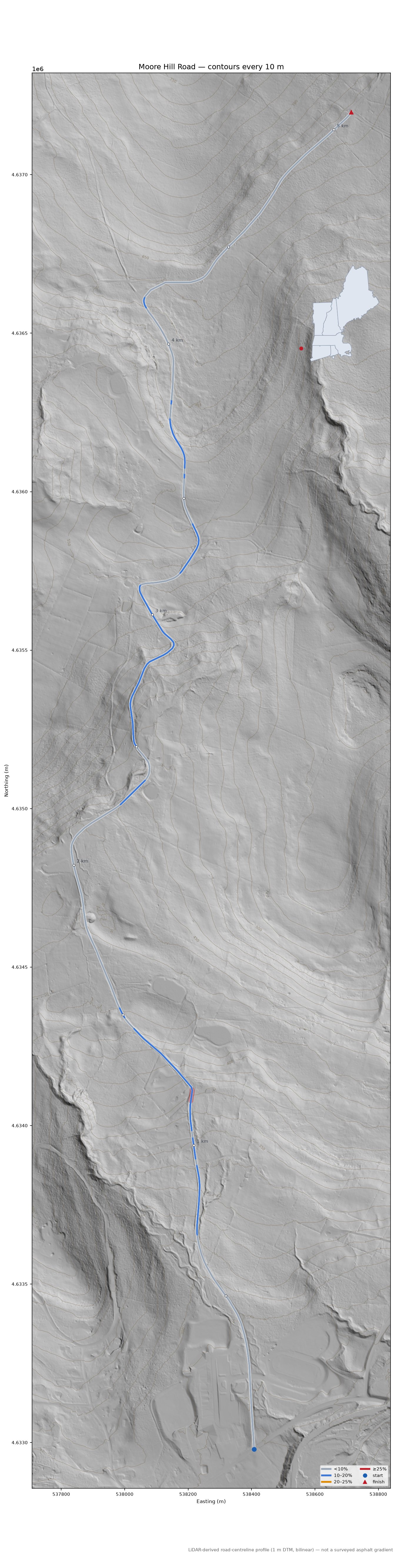 Moore Hill Road LiDAR hillshade map with contours