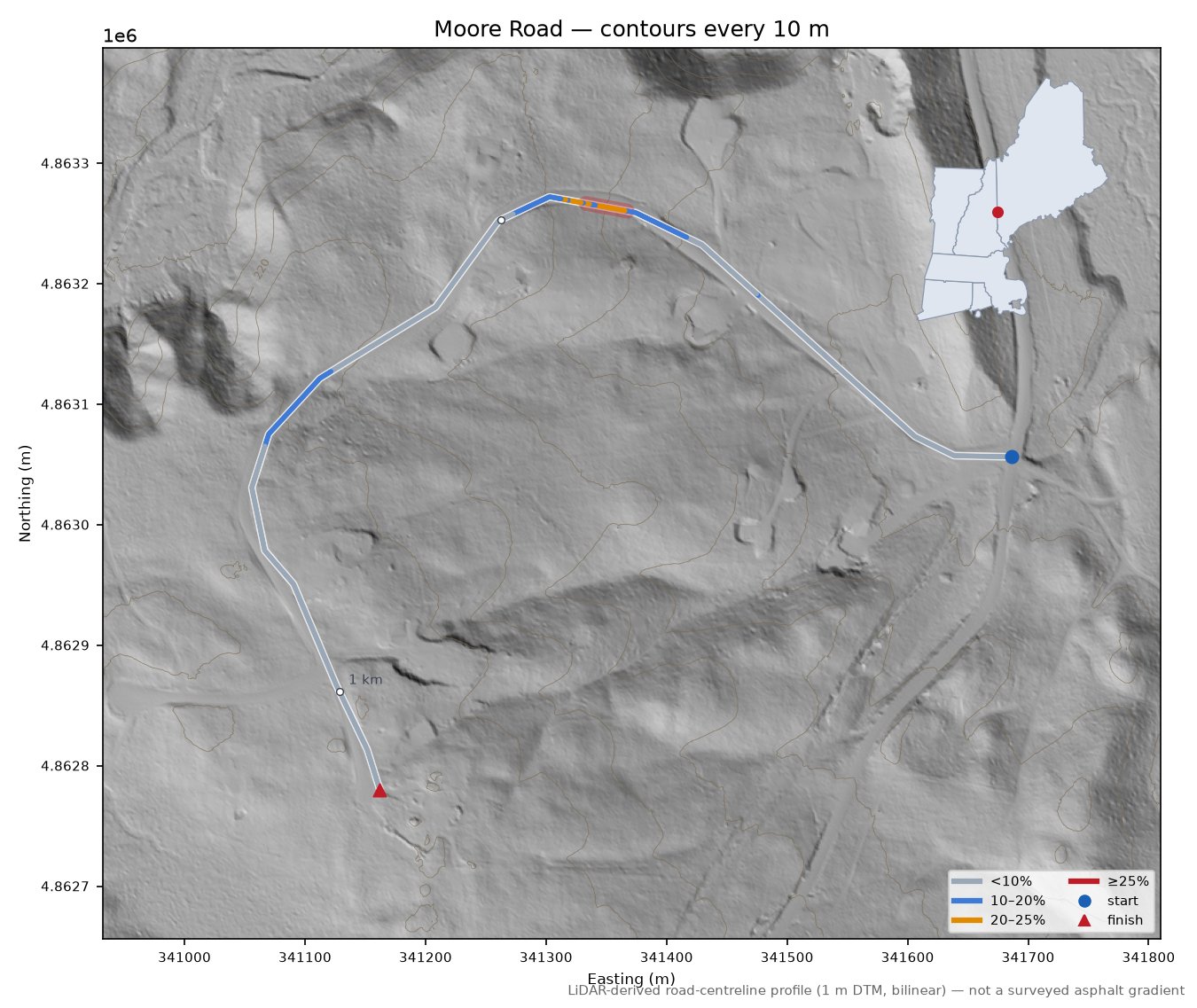Moore Road LiDAR hillshade map with contours
