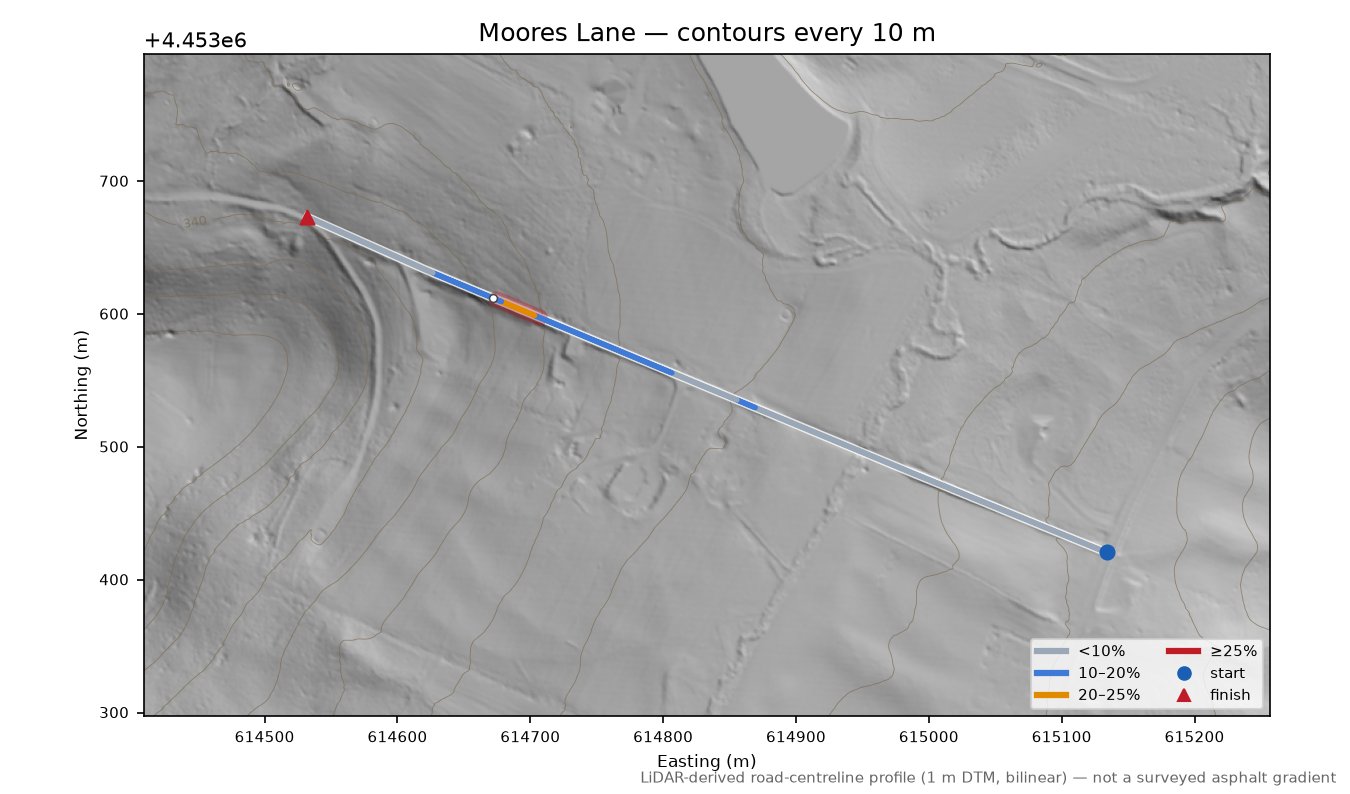 Moores Lane LiDAR hillshade map with contours
