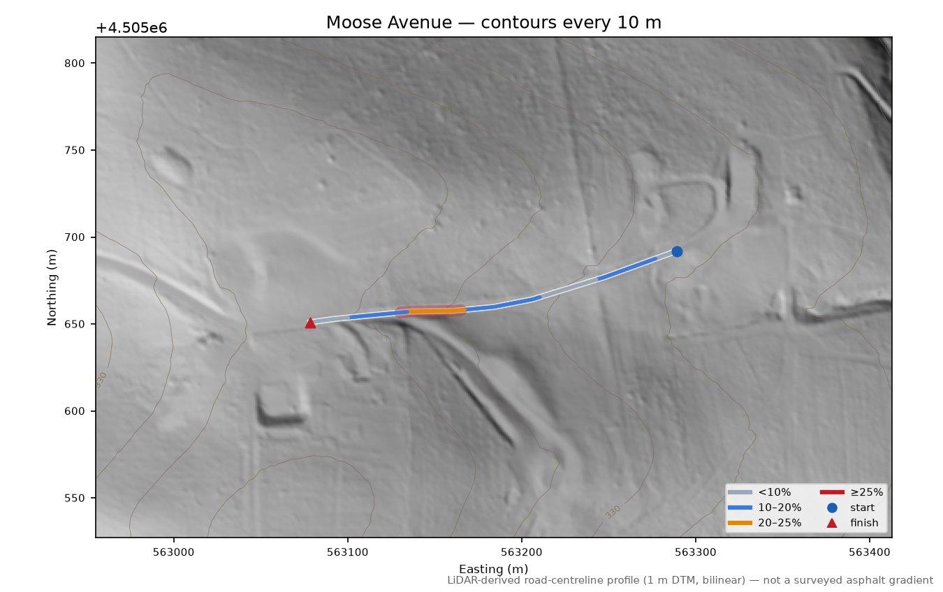 Moose Avenue LiDAR hillshade map with contours