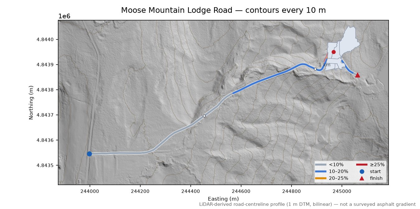 Moose Mountain Lodge Road LiDAR hillshade map with contours